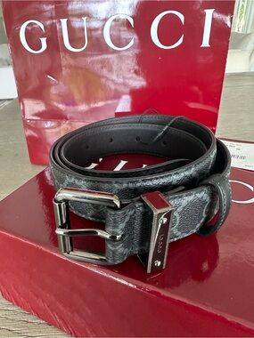 Gucci Men's Black/Gray Monogram Leather Belt with Silver Buckle 90cm